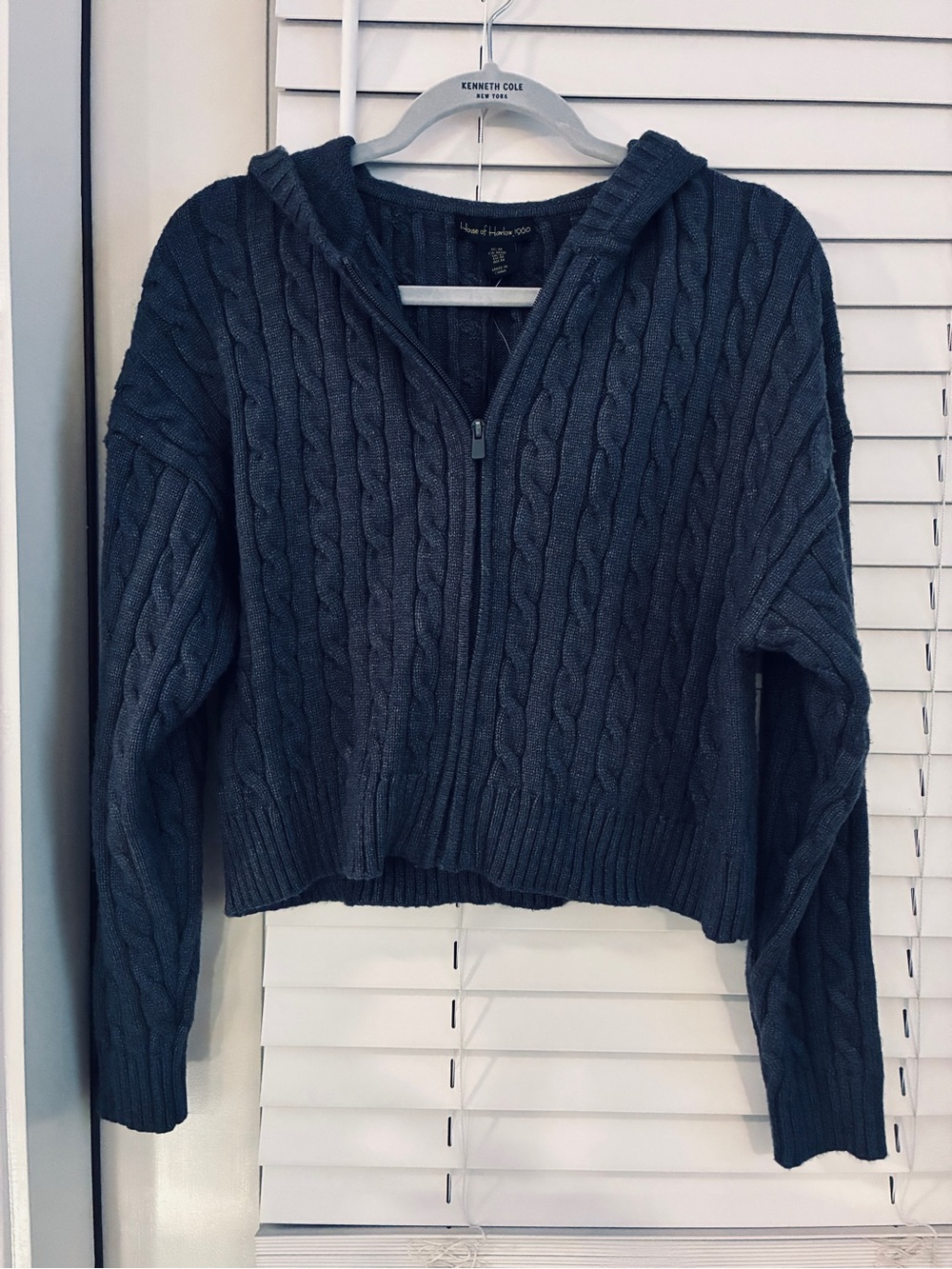 House of Harlow 1960 Navy Cable-Knit Zip Hoodie Cardigan
